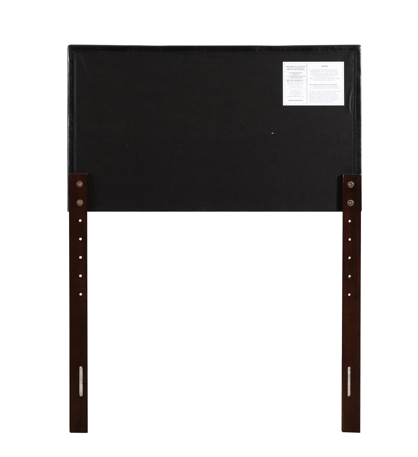 Black upholstered headboard with dark wood legs and adjustable height slots