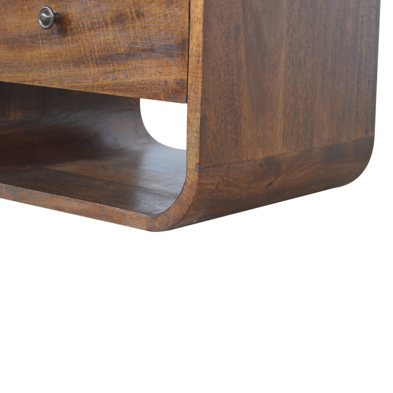 Brown wooden bedside table with curved open shelf and single drawer