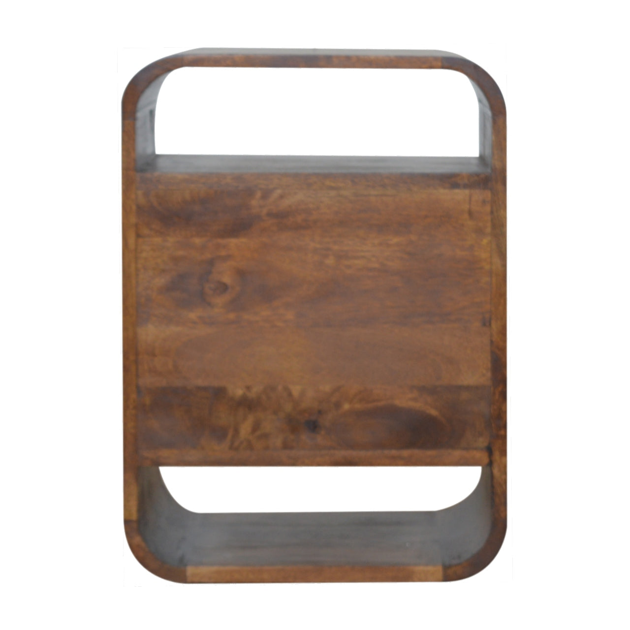 Wooden side table with open shelving and rounded edges for modern decor