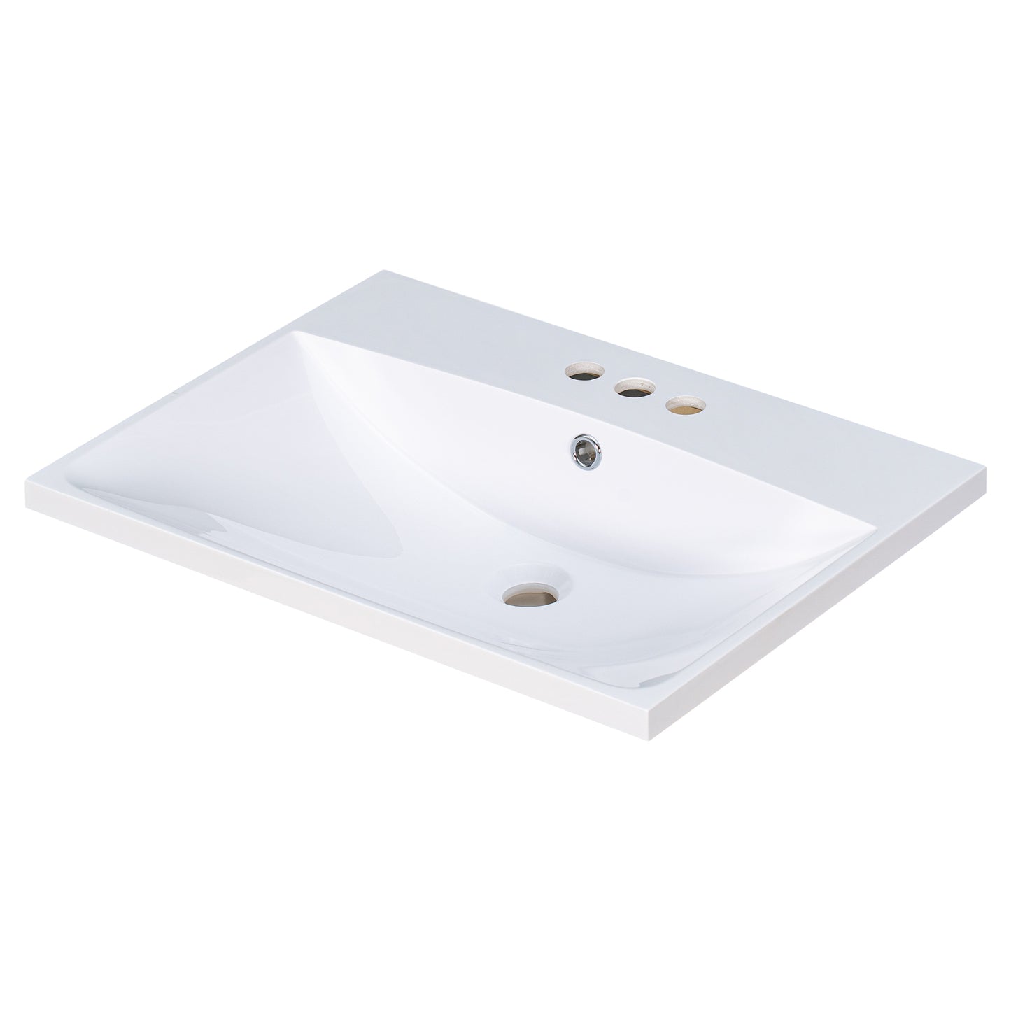White ceramic vanity top with integrated sink and three faucet holes