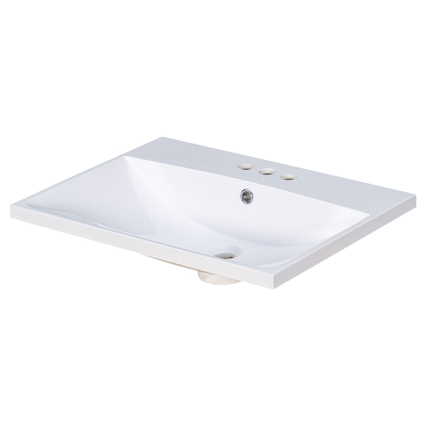 White ceramic undermount sink with three faucet holes and overflow drain