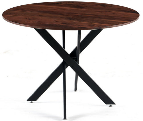 Round walnut dining table with black Xframe legs modern design