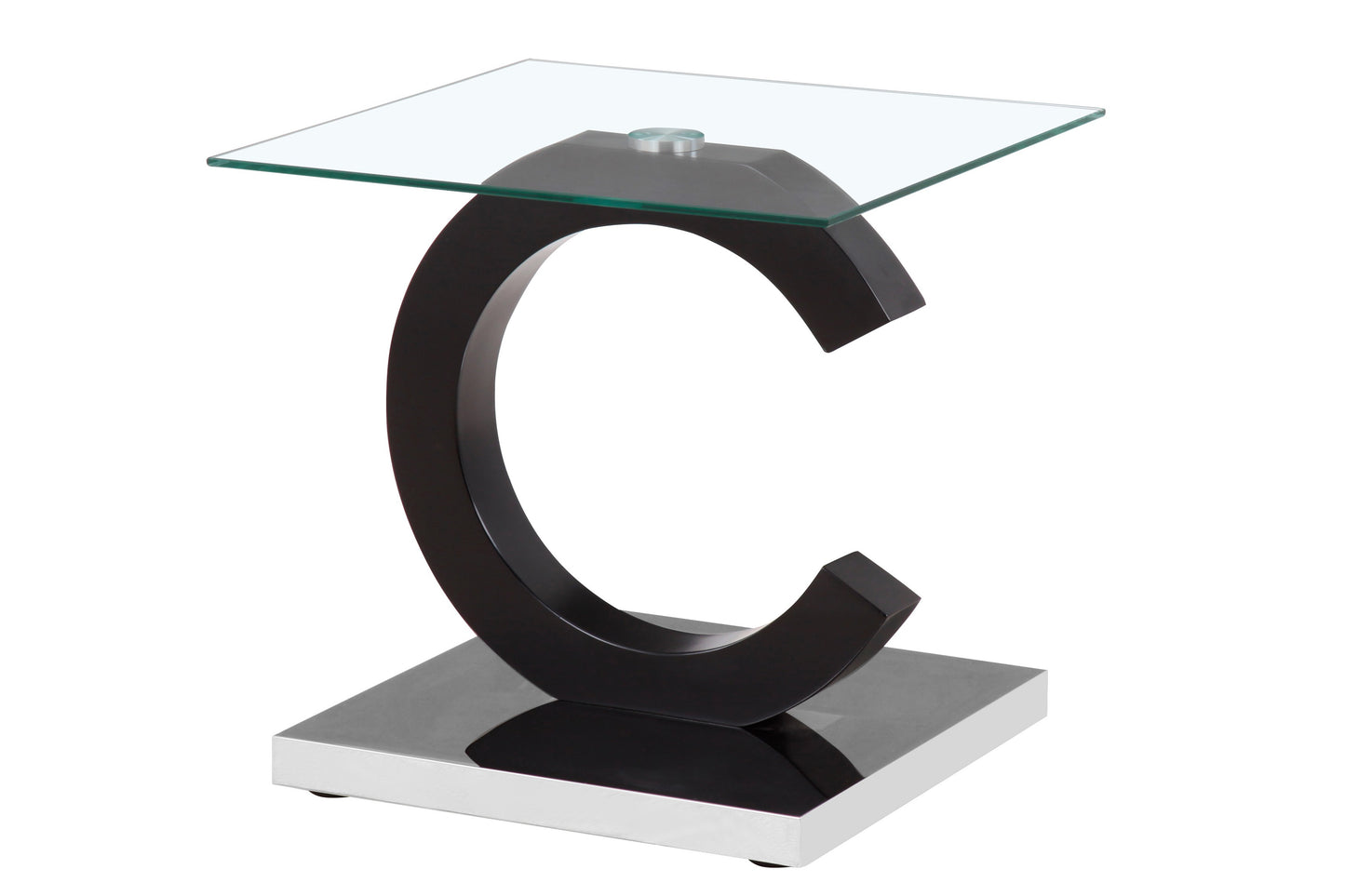 Modern Cshaped end table with black wood and chrome base topped with clear glass
