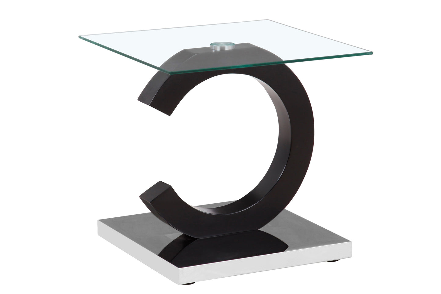 Sleek black Cshaped side table with a clear glass top and chrome base