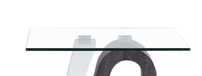 Modern console table with clear glass top and dark wood curved base