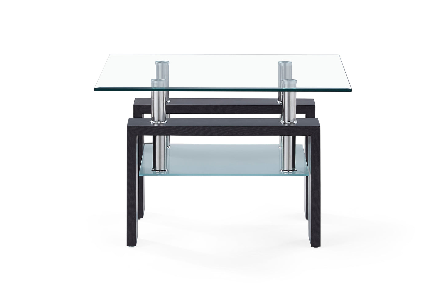 Modern glass coffee table with black wood frame and two shelves