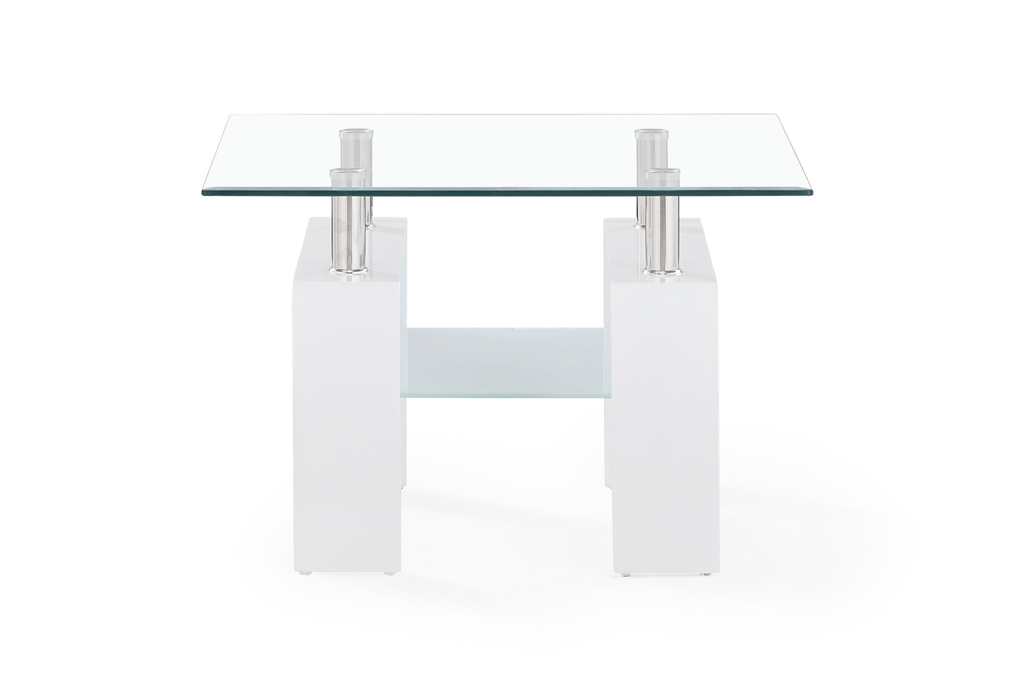 Modern white Hframe side table with tempered glass top and shelf