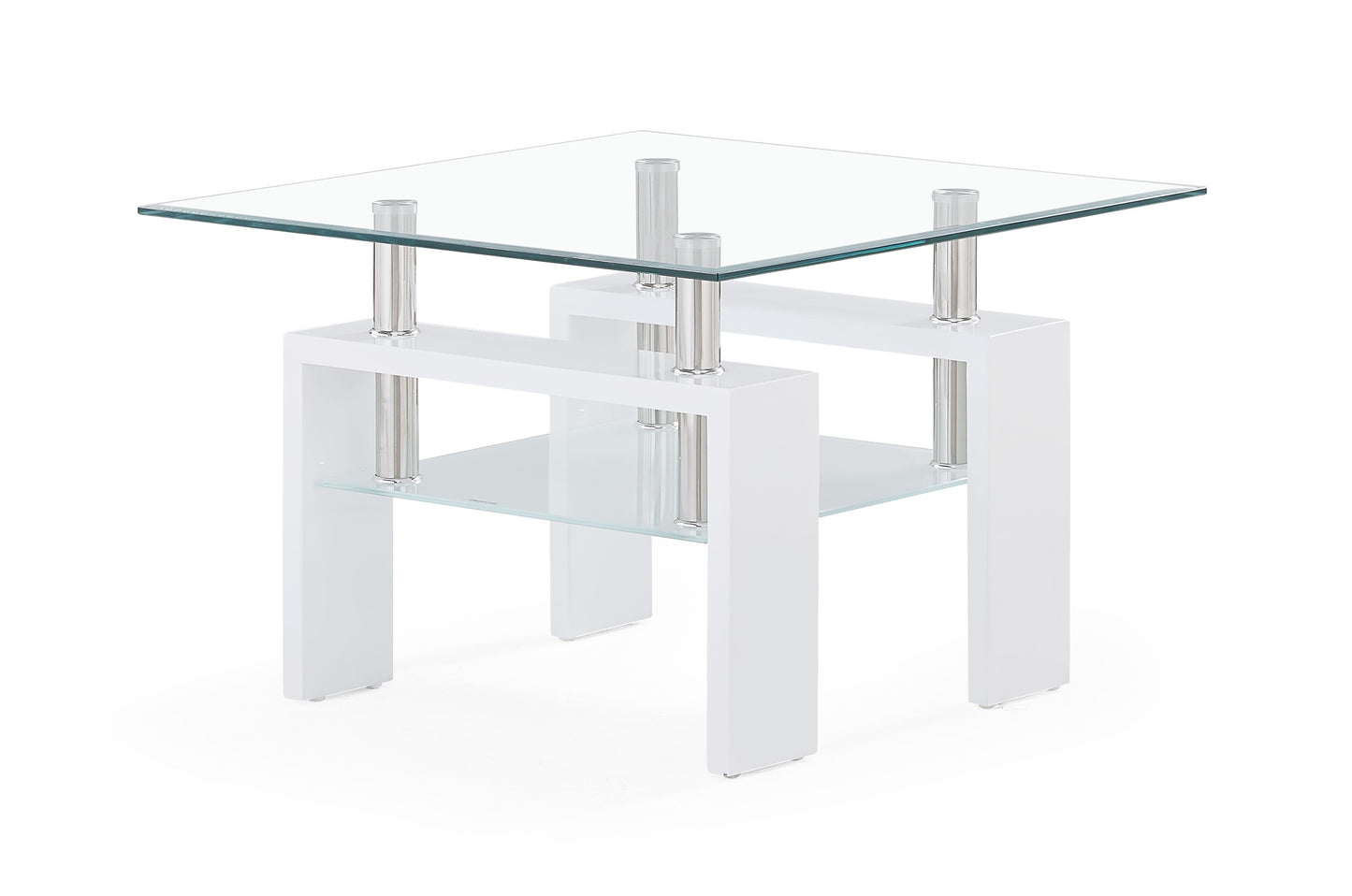 Modern white side table with clear tempered glass top and shelf
