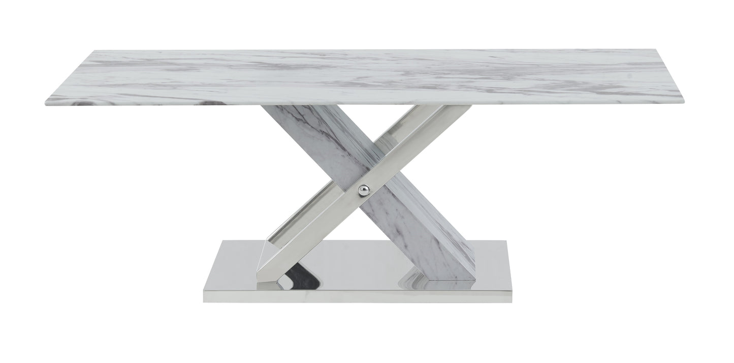 Marble top dining table with a chrome Xshaped base