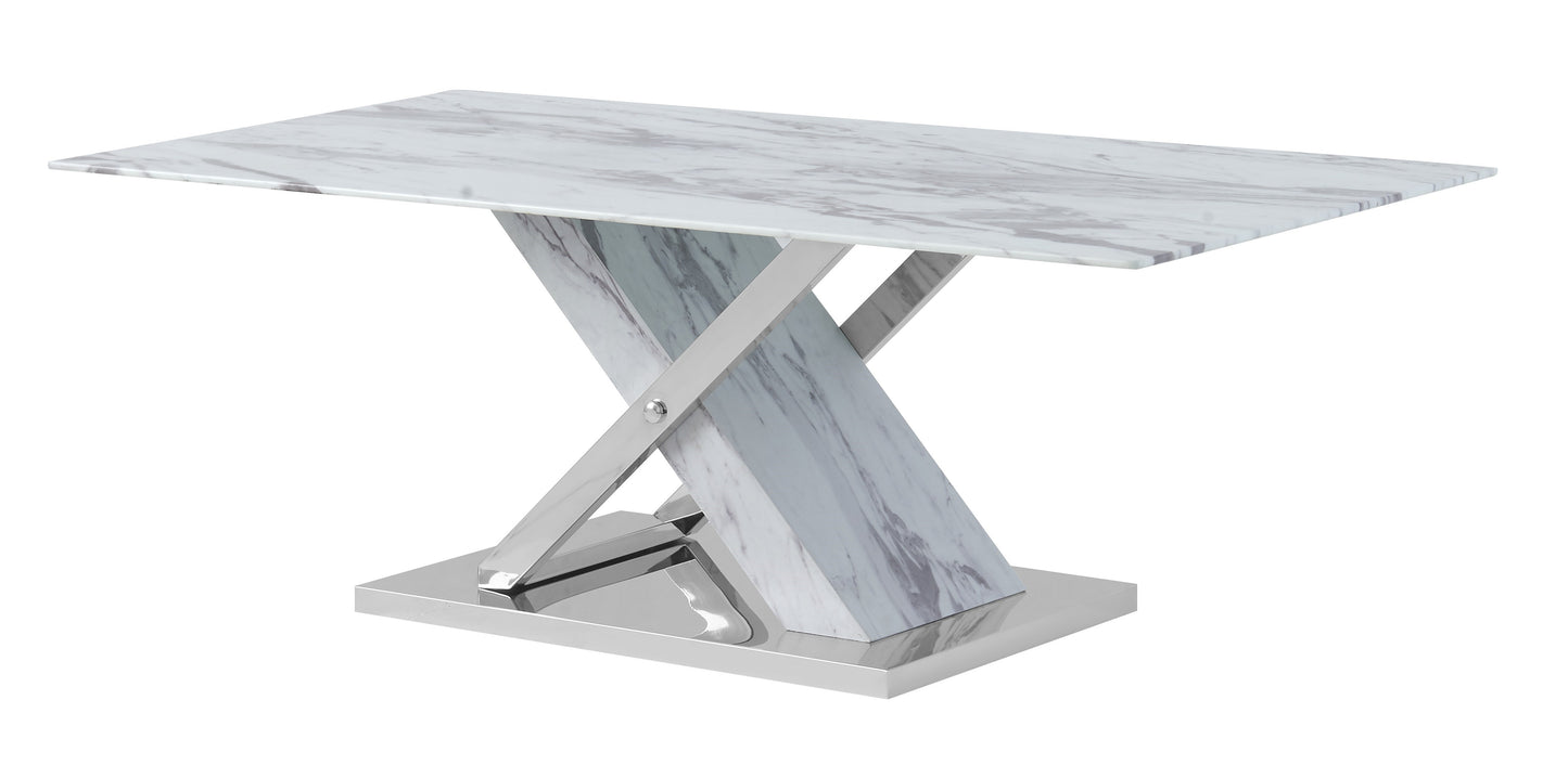 Modern marble dining table with polished chrome cross base
