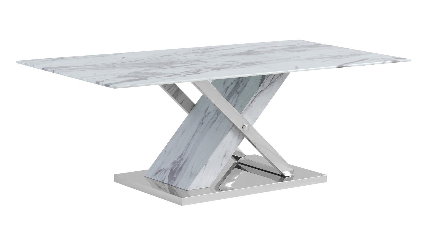 Modern rectangular dining table with a white marble top and chrome pedestal base