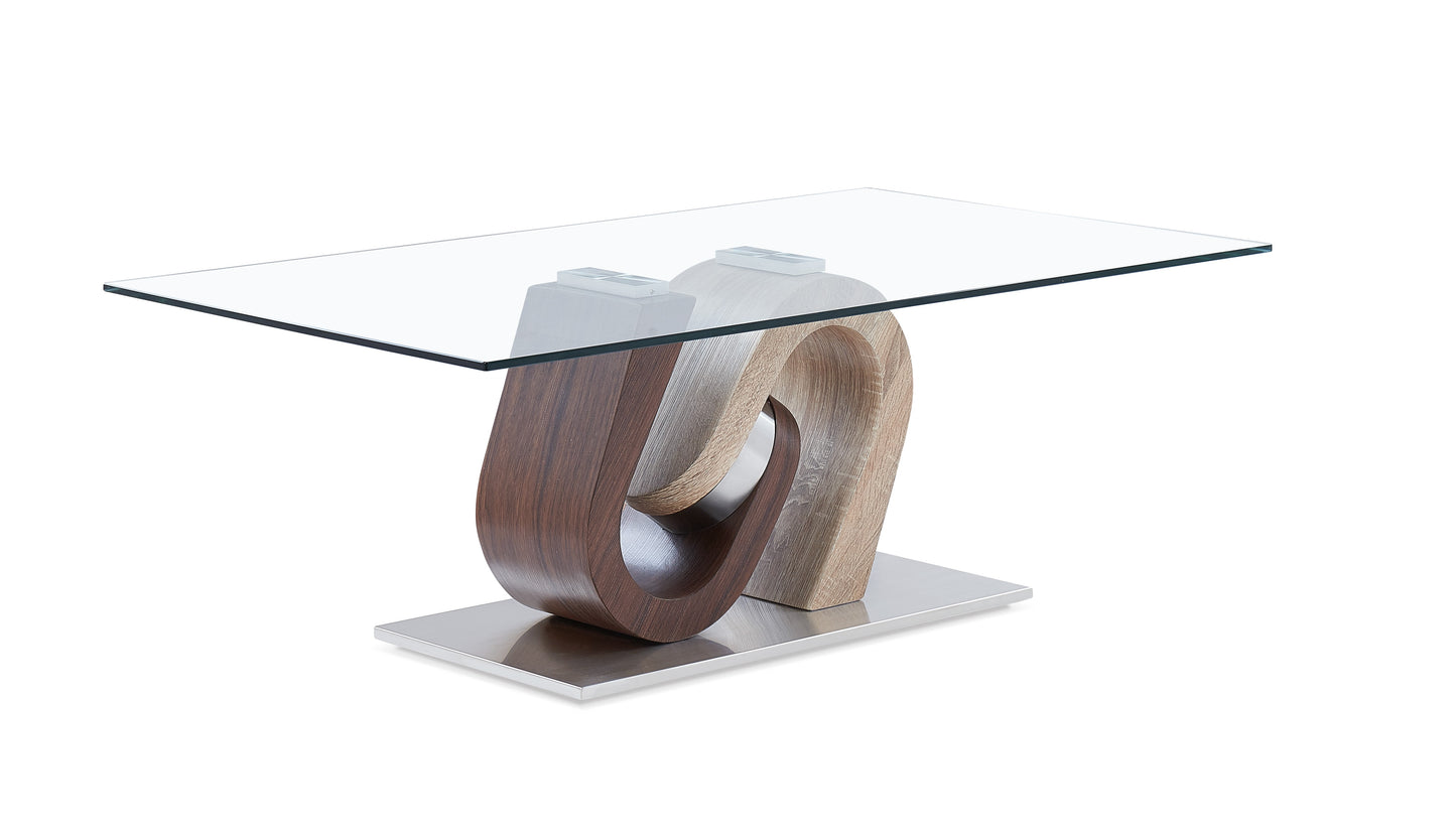 Modern coffee table with a clear glass top and interlocking wooden pedestal base