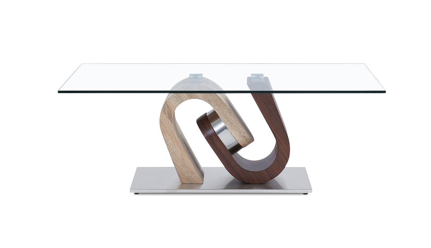 Modern coffee table with glass top and curved wood base
