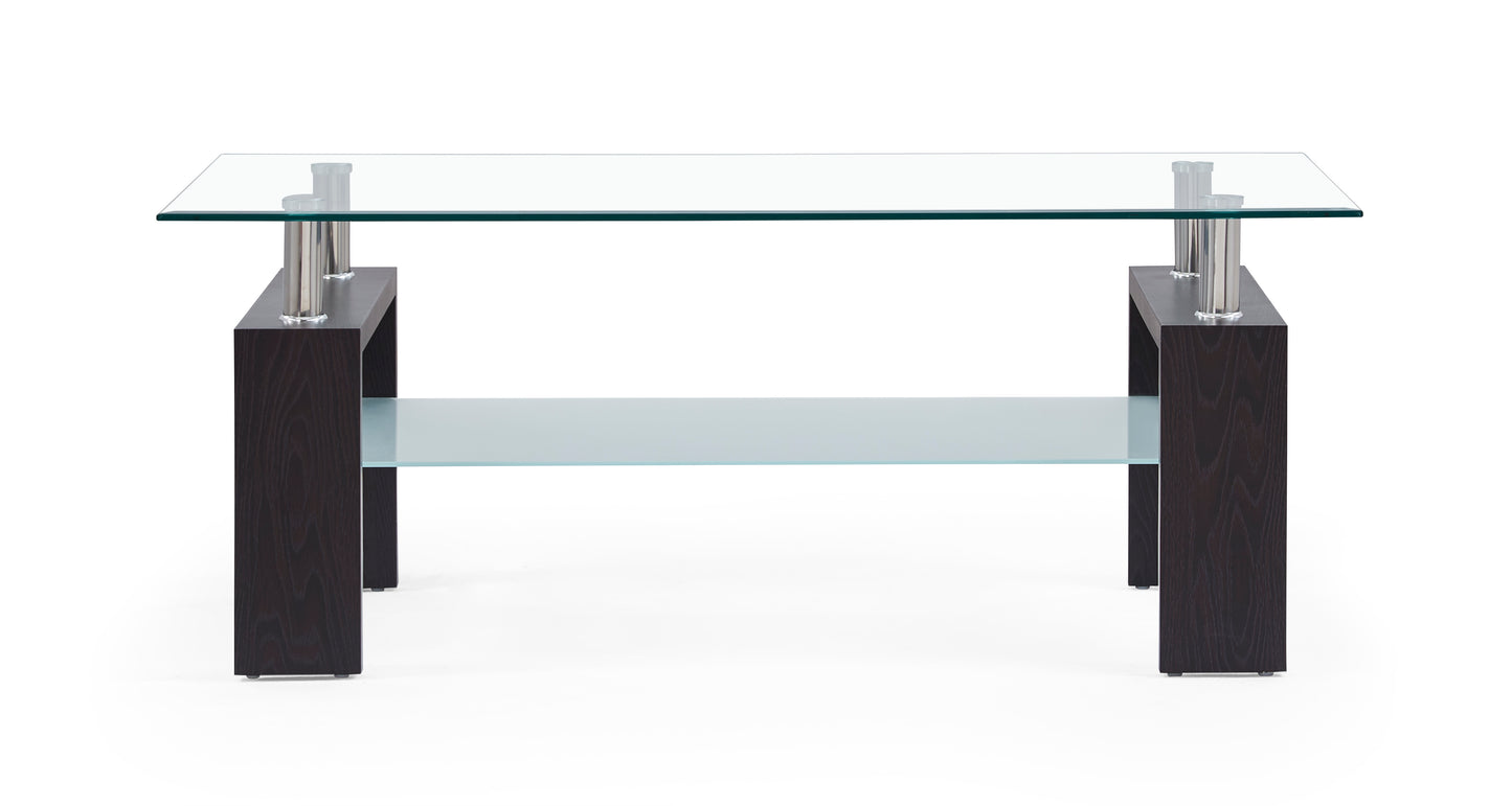 Modern coffee table with clear tempered glass top dark wood base and frosted glass shelf