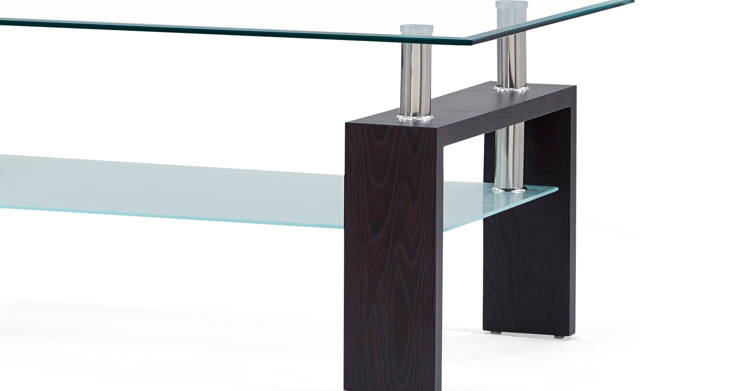 Modern coffee table with dark wood frame clear glass top and frosted glass shelf