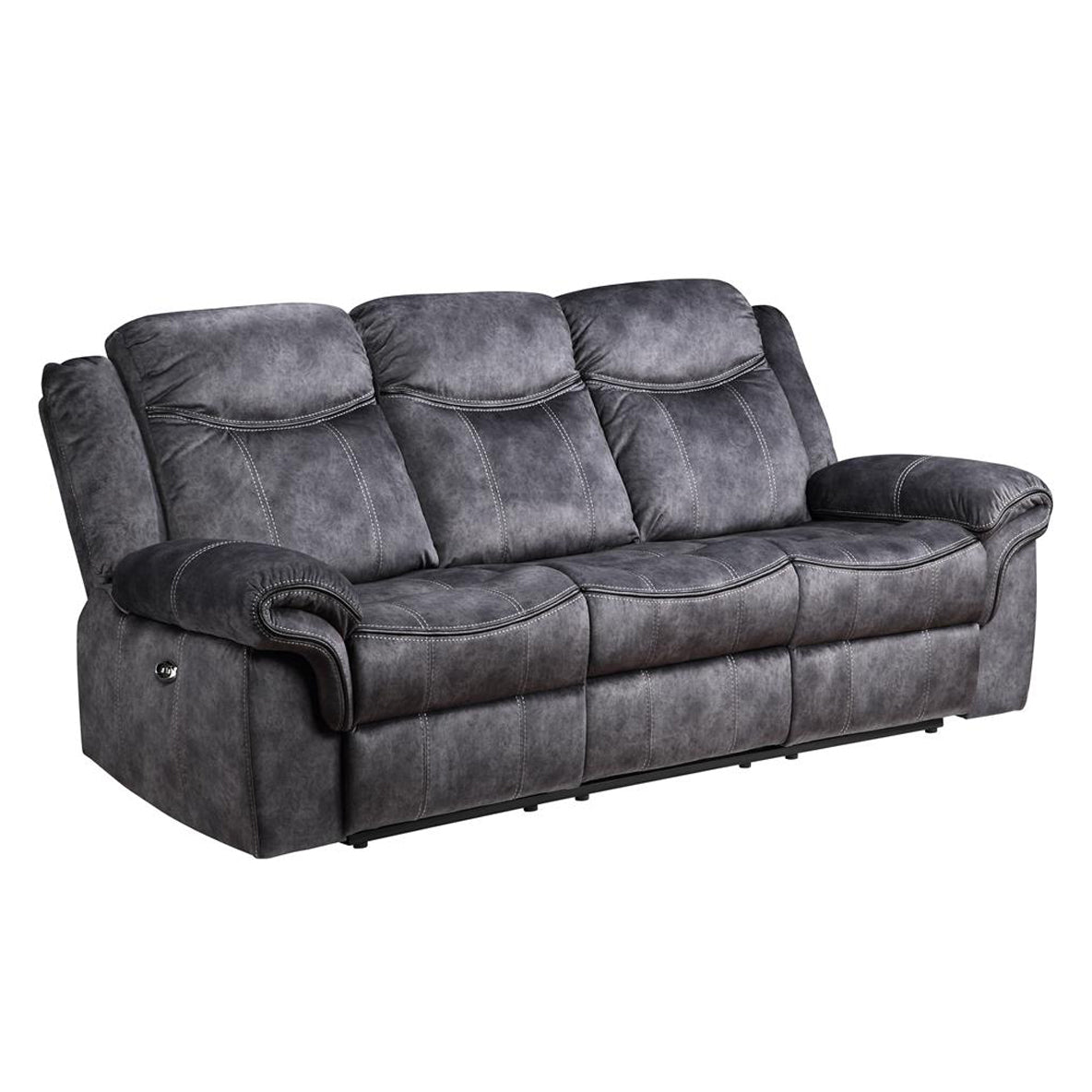Dark gray plush recliner sofa with white contrast stitching ideal for home entertainment