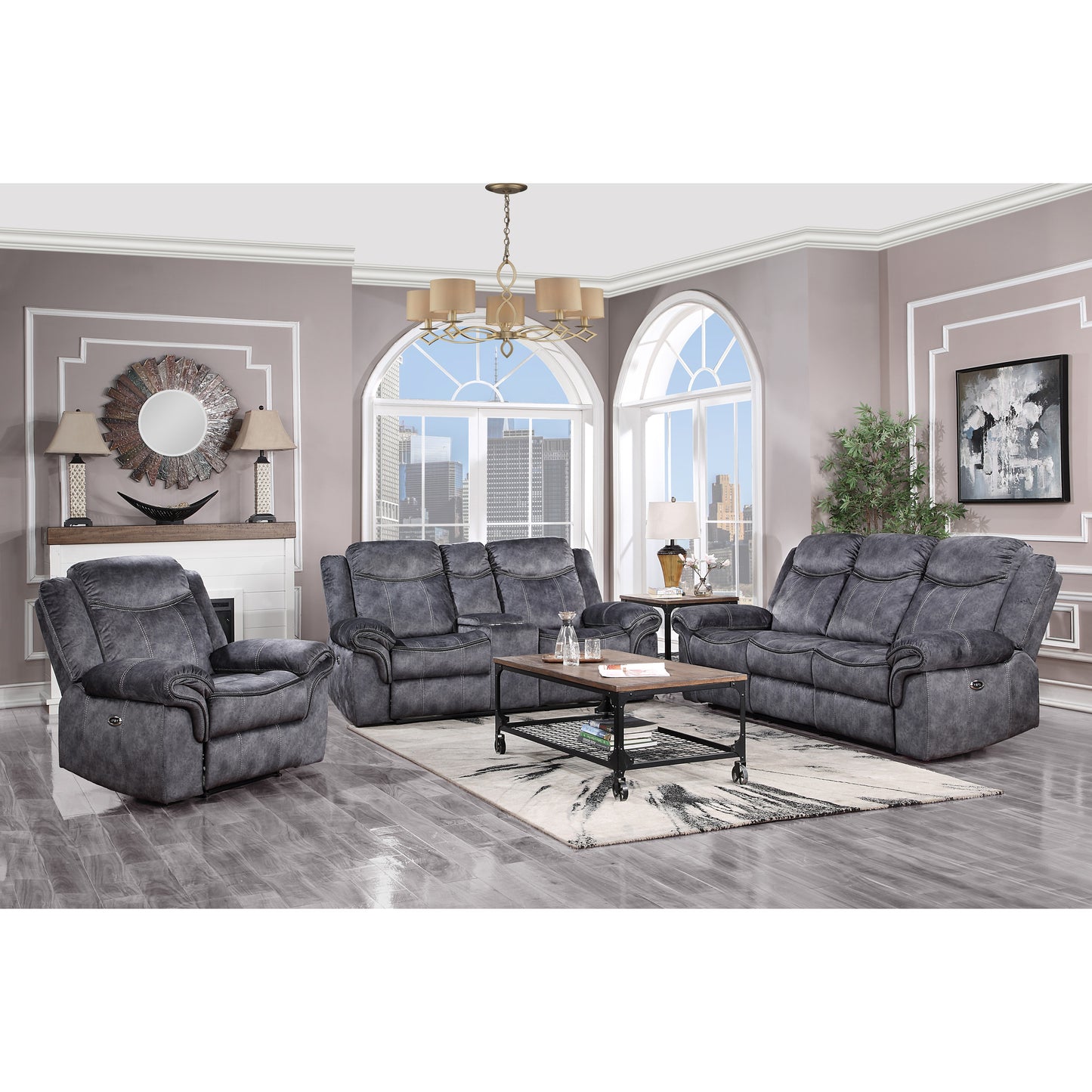 Dark gray reclining sofa with plush upholstery and contrast stitching