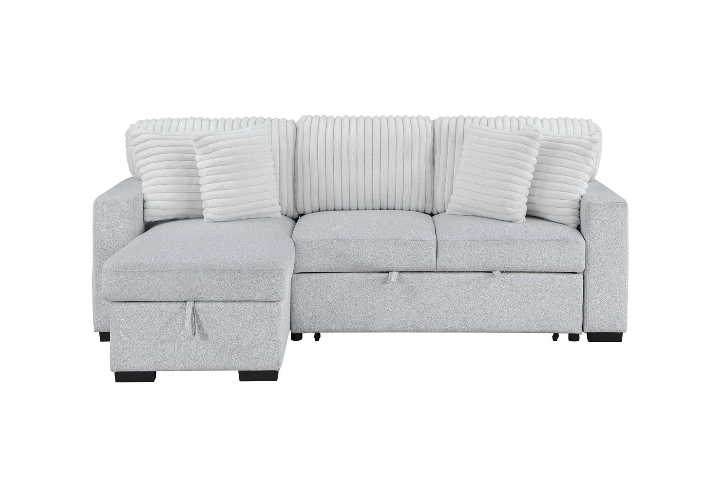 Grey upholstered sectional sofa with storage chaise and plush throw pillows