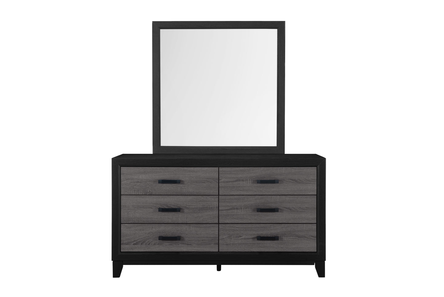 Modern gray wood dresser with black frame and six drawers includes matching mirror for bedroom storage
