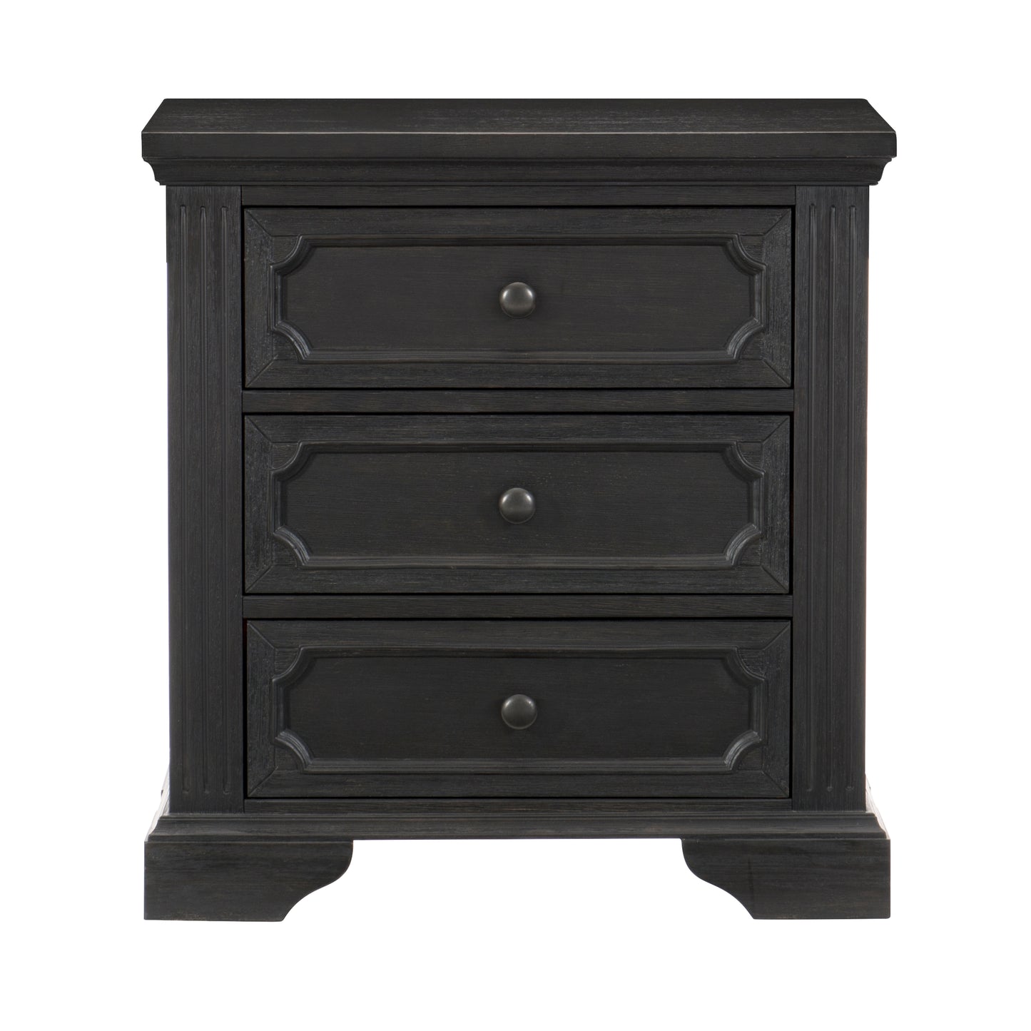 Dark grey distressed wood nightstand with three drawers featuring ornate carved detailing and antique bronze knobs