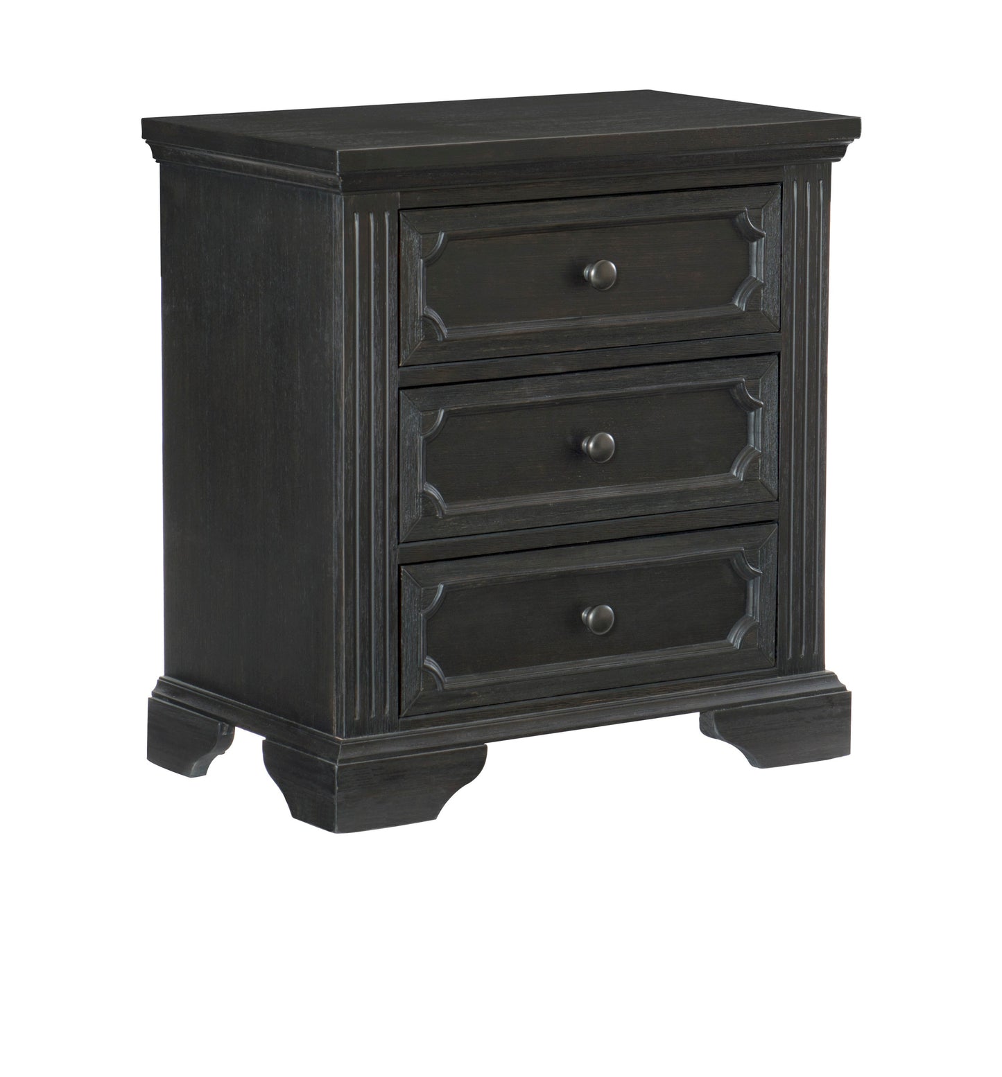 Dark grey wood nightstand with three drawers and metal knobs