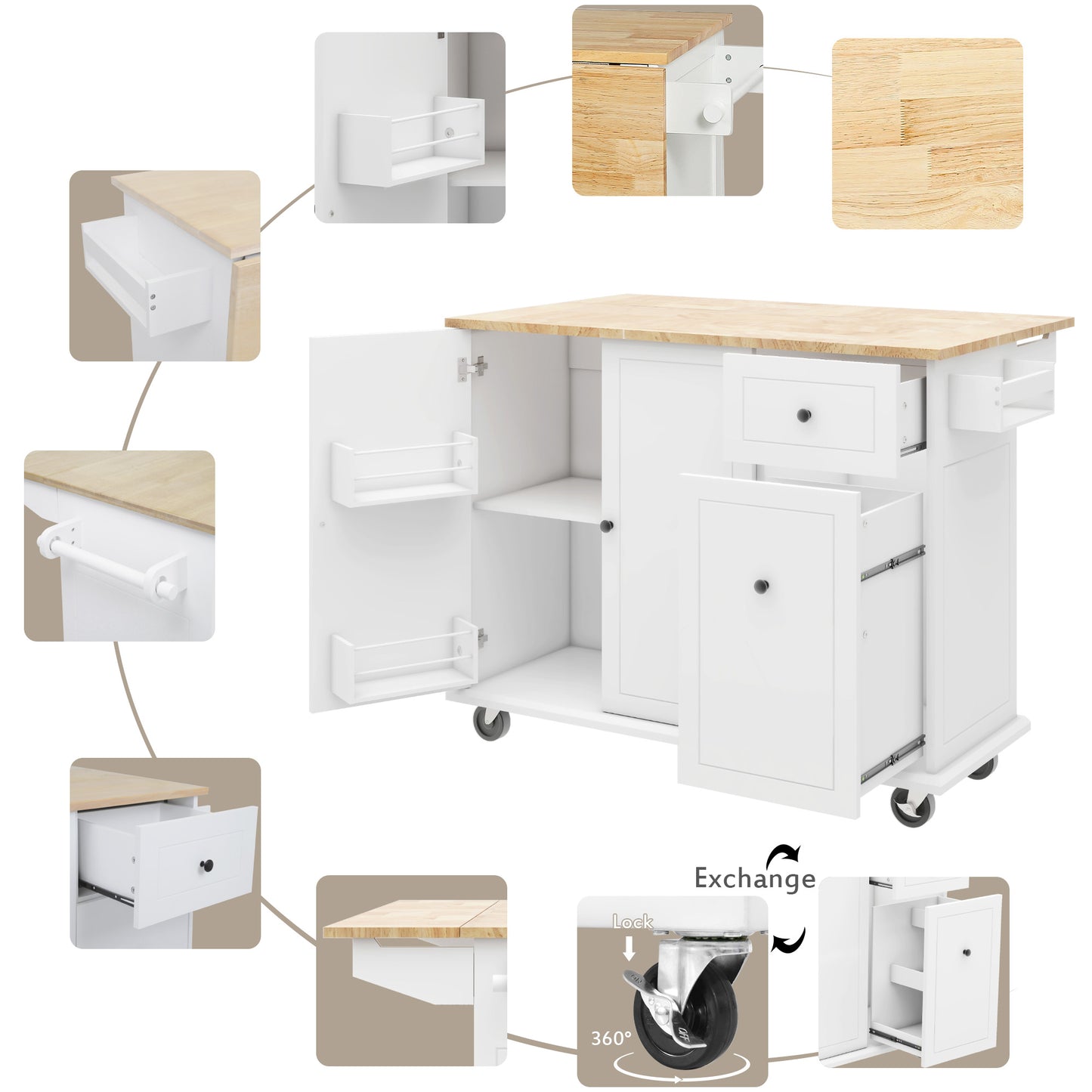 White kitchen island with butcher block countertop and open storage