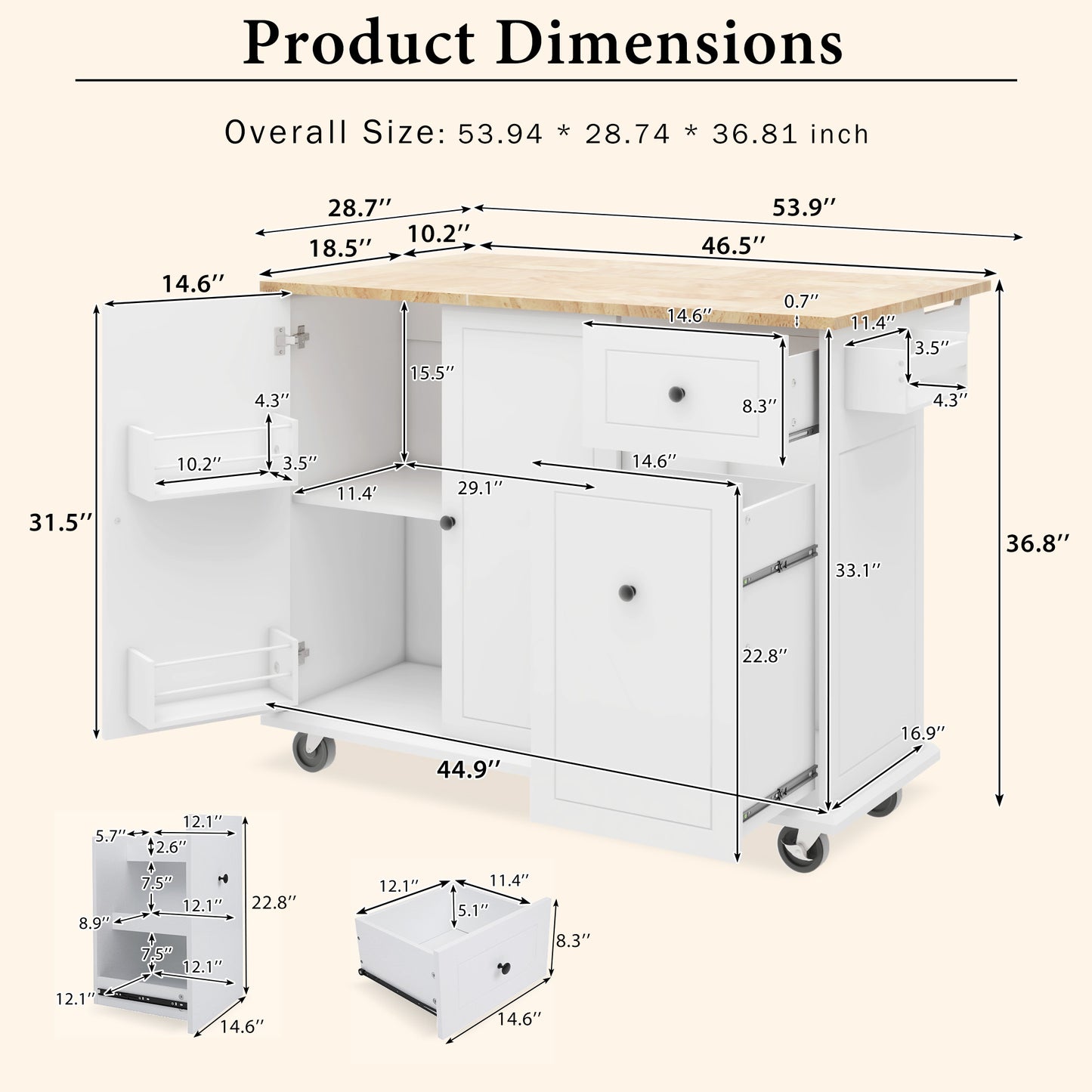 White kitchen island dimensions L x W x H