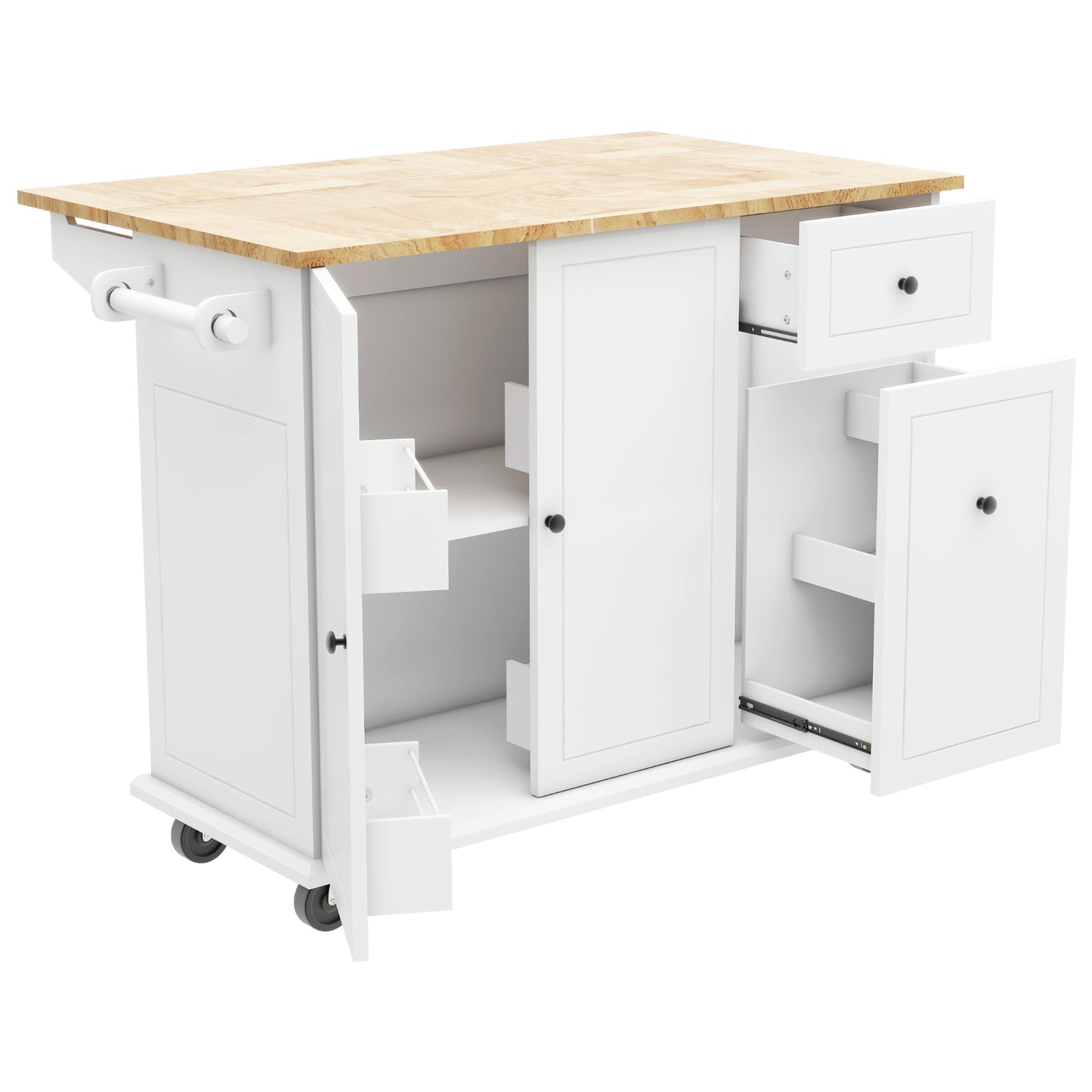 White kitchen island with butcher block top and storage drawers