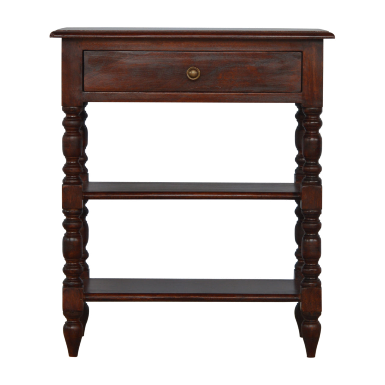 Dark wood accent table with one drawer and two shelves