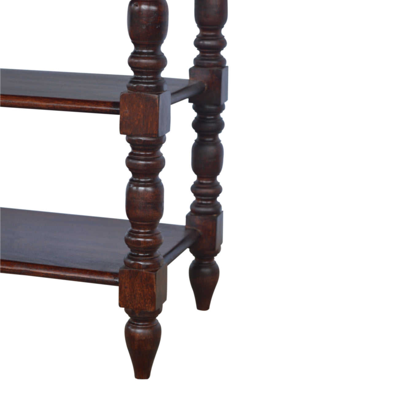 Dark wood tiered plant stand with turned legs and square joinery