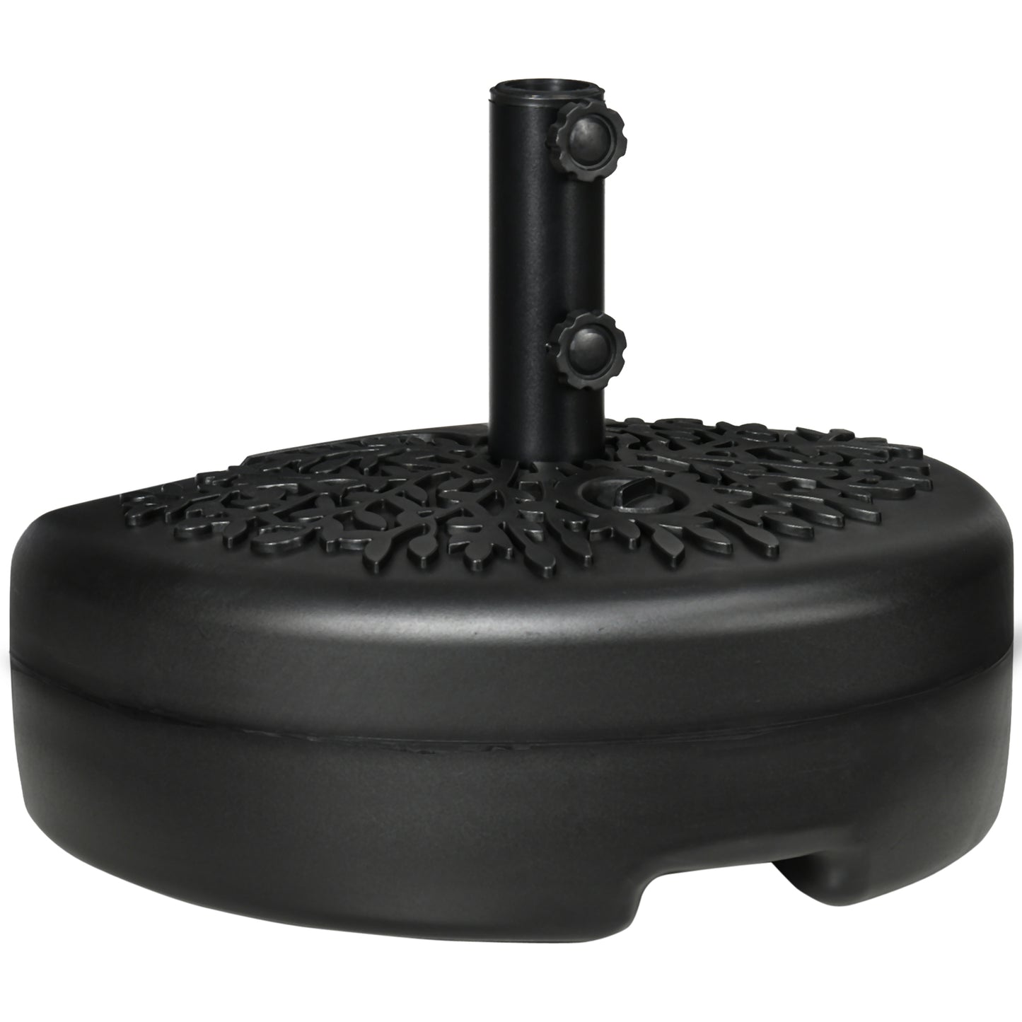 Black resin patio umbrella base with decorative embossed leaf pattern and adjustable tightening knobs