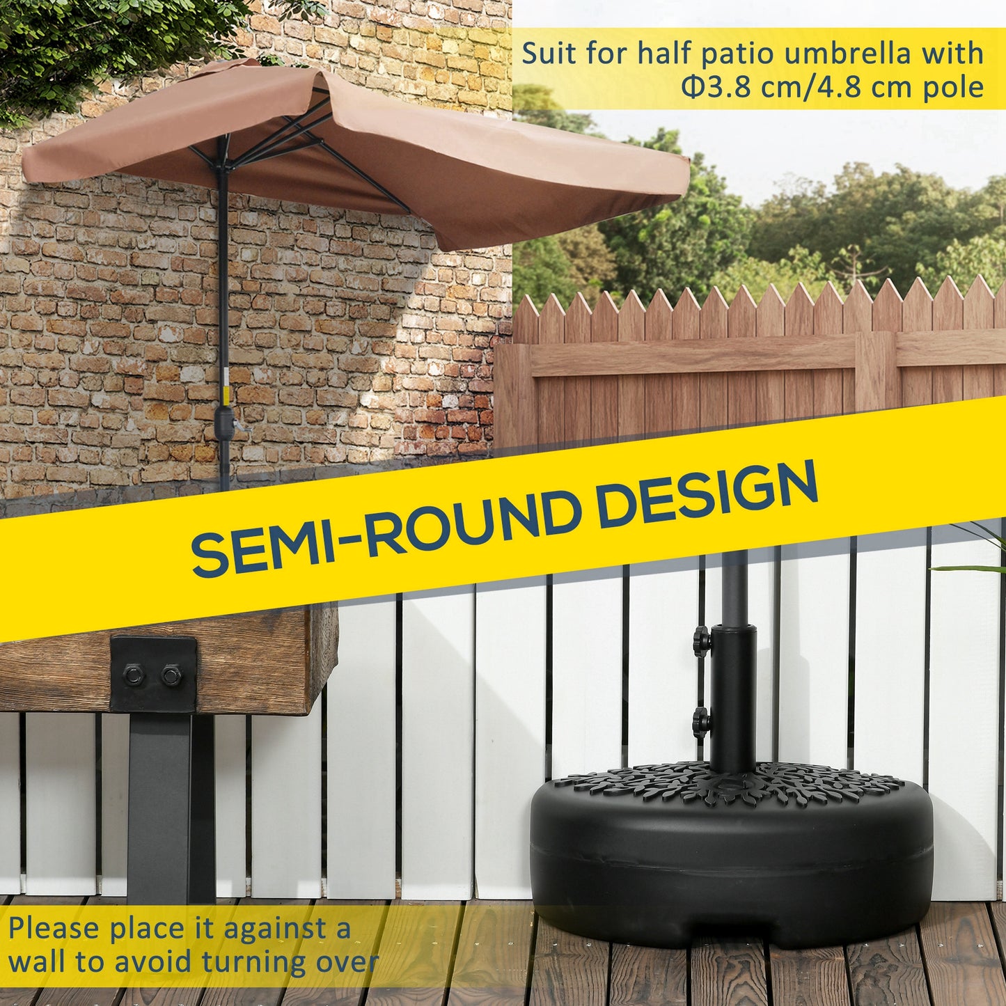 Brown half patio umbrella with black pole designed for balconies and small spaces