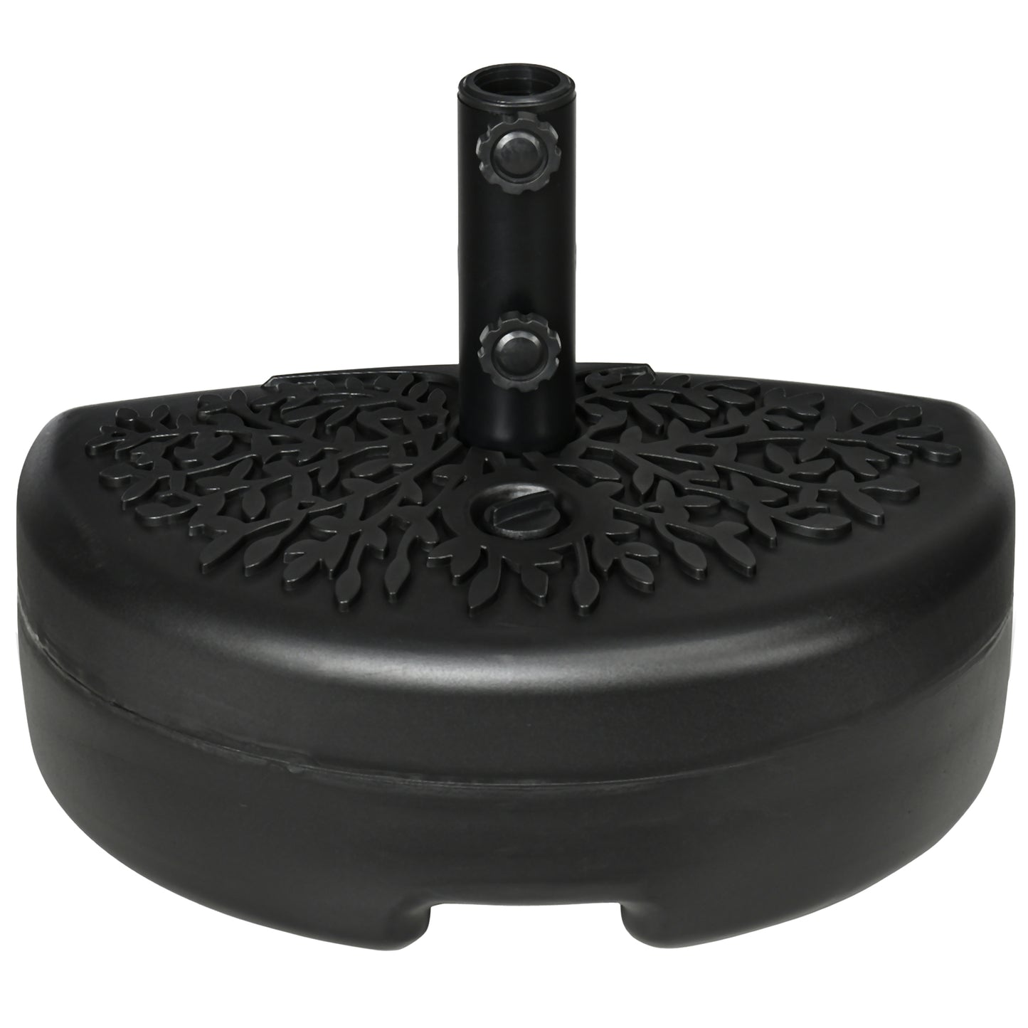 Black patio umbrella base with decorative leaf pattern and secure locking mechanism for stability