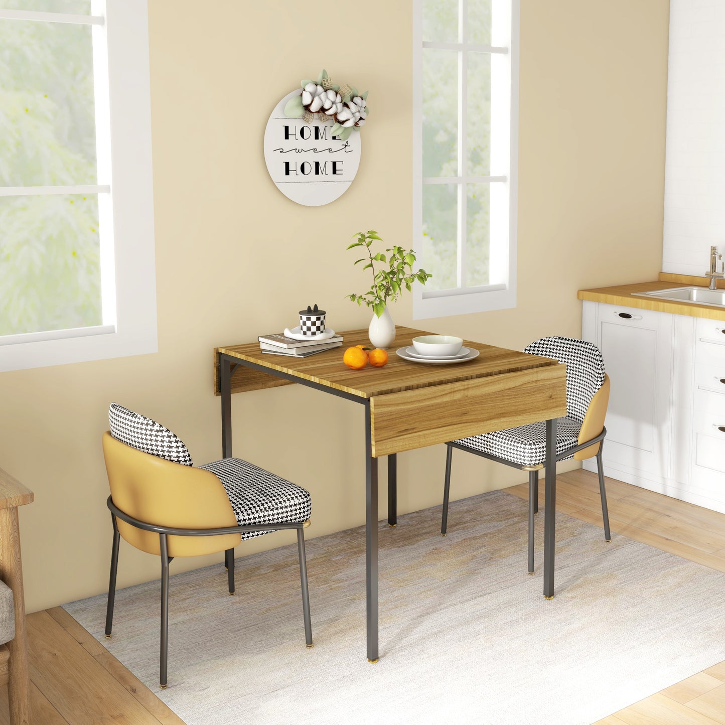 Compact dropleaf dining table with wood grain finish and black metal legs