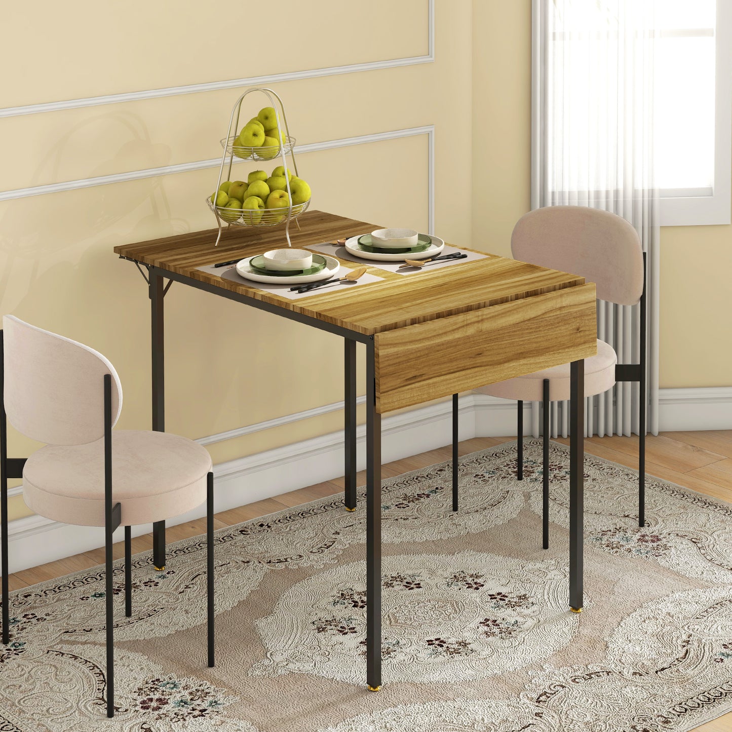 Compact dining table with a wooden finish and foldable leaf perfect for small spaces