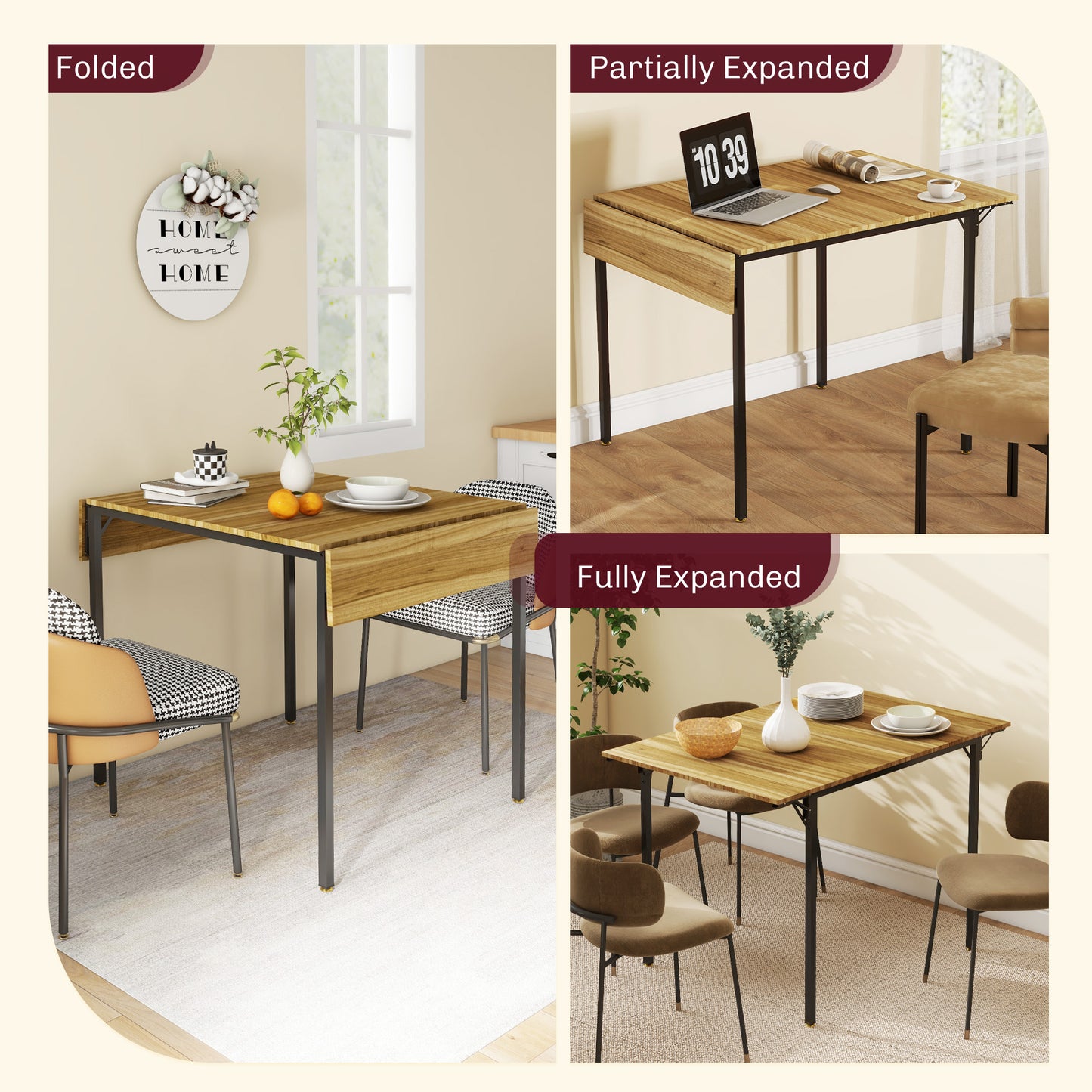 Foldable dining table with wood grain surface black metal legs partially expanded