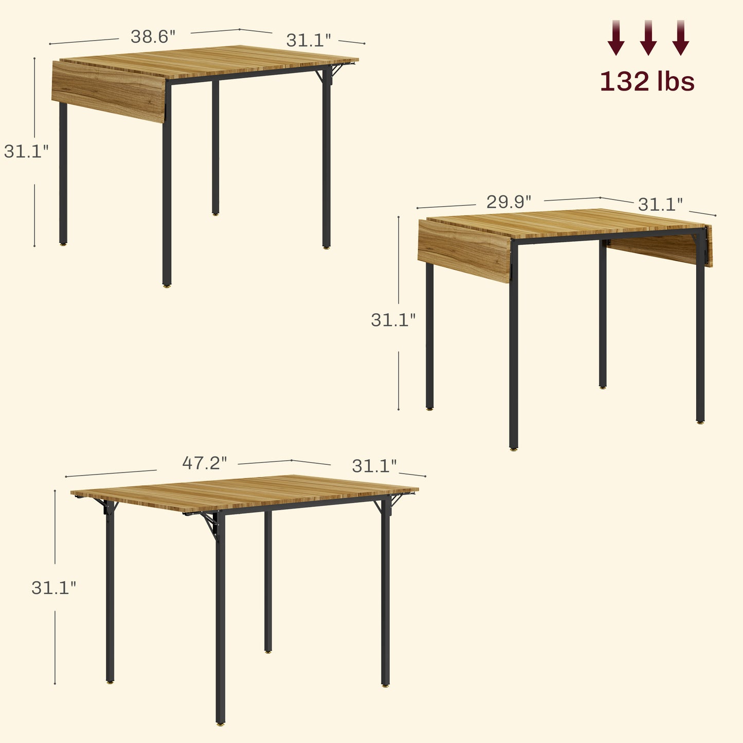 Dropleaf dining table with natural wood top and black metal legs inches wide