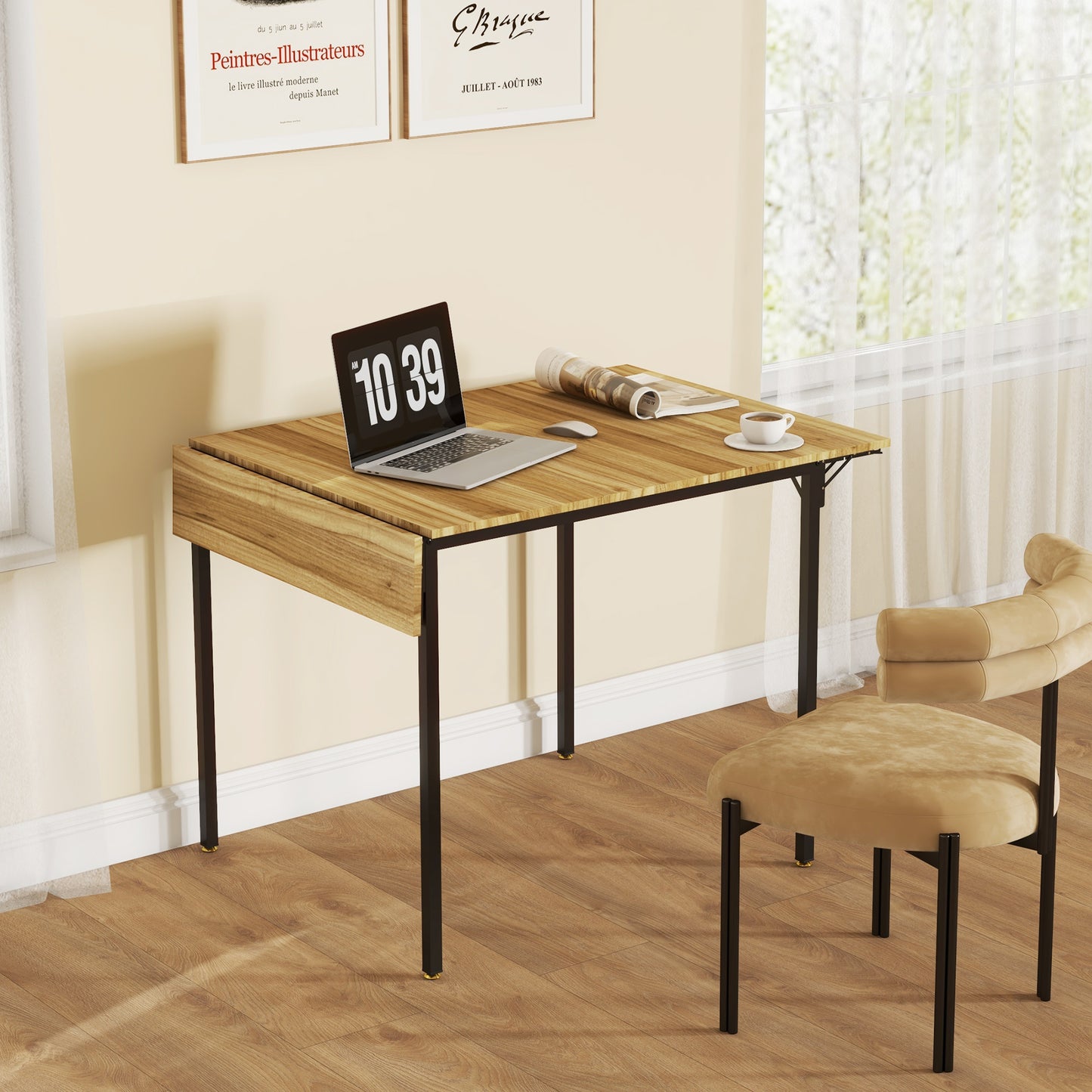 Compact wooden dropleaf desk with laptop and coffee cup perfect for small spaces