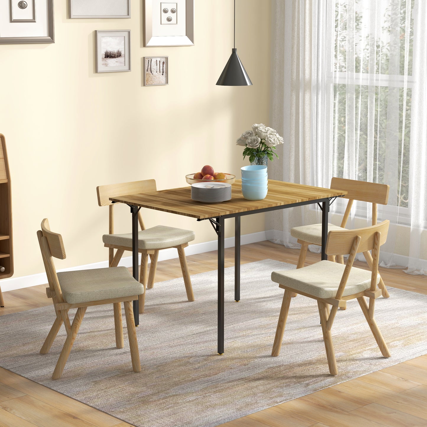Modern dining table and chairs set with natural wood finish and beige upholstery