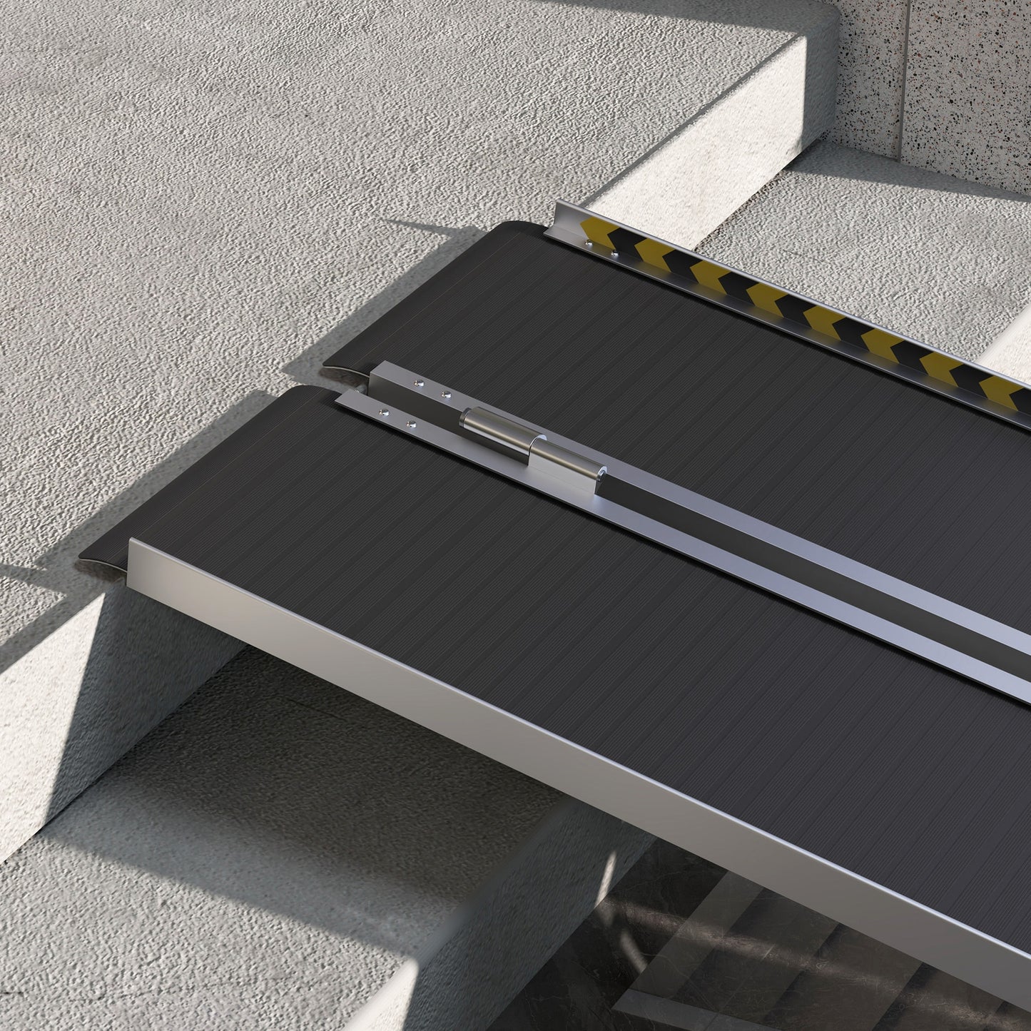 Black aluminum portable ramp with safety reflectors for wheelchair access over stairs