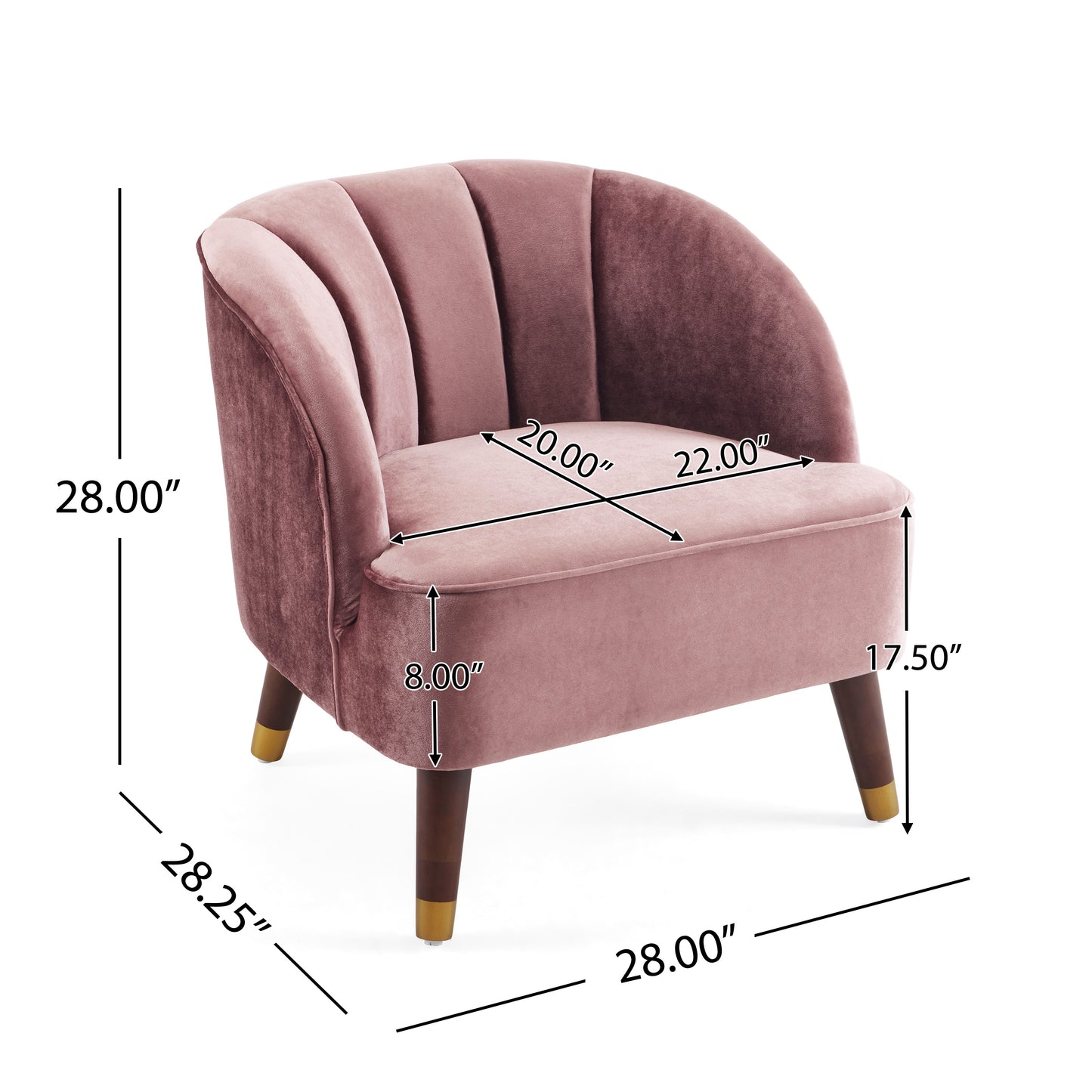 Plush rose velvet accent chair with channel tufting and tapered wood legs