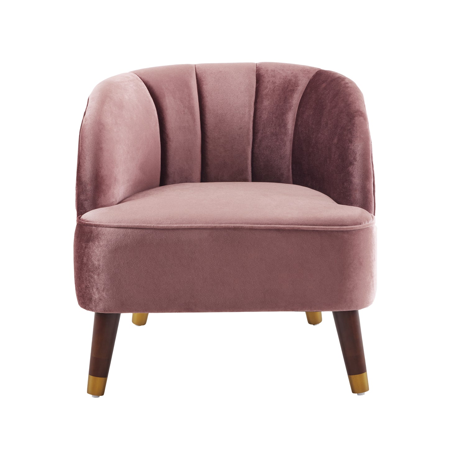 Plush pink velvet accent chair with channel tufting and goldtipped wooden legs