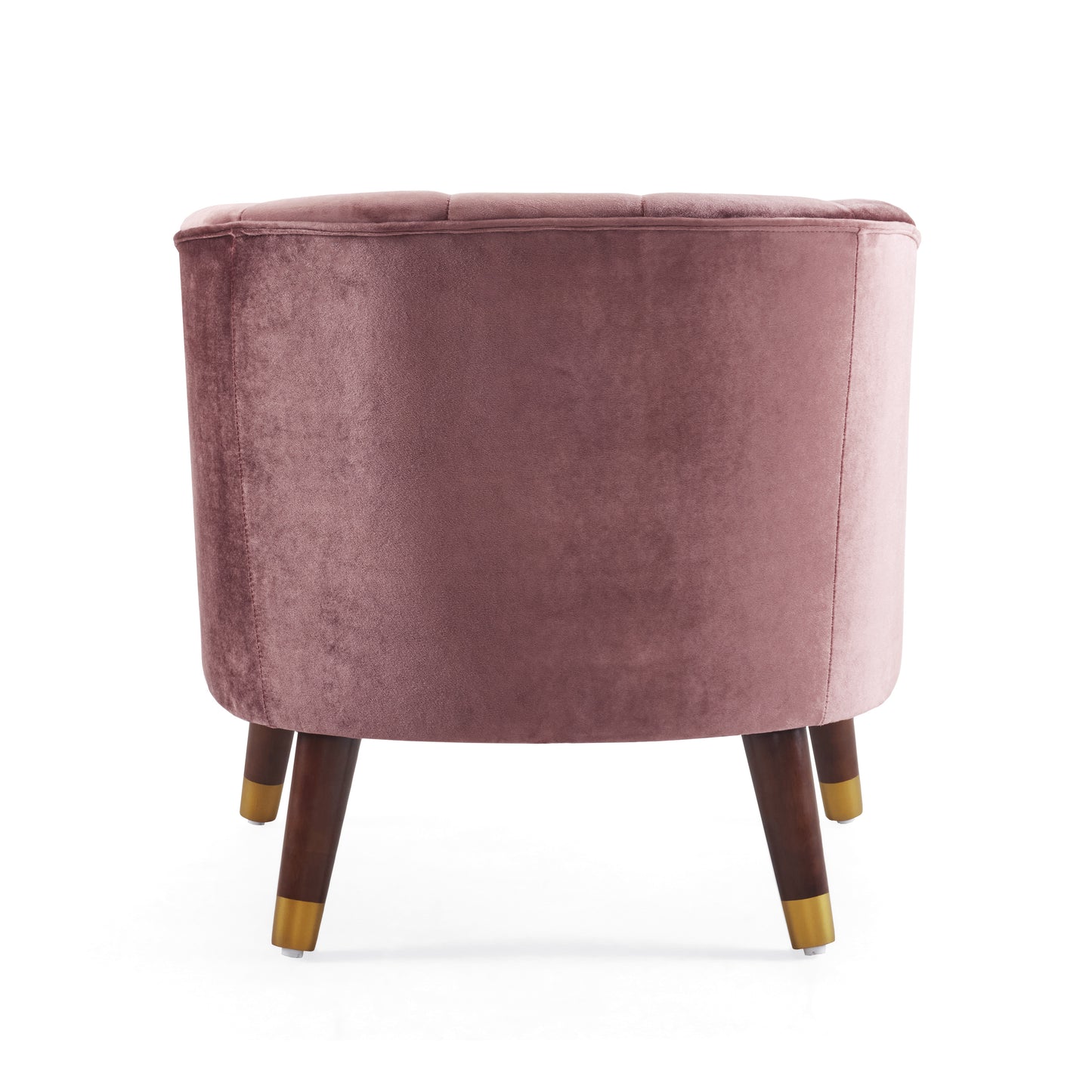 Dusty rose velvet accent chair with button tufting and wooden legs with gold accents
