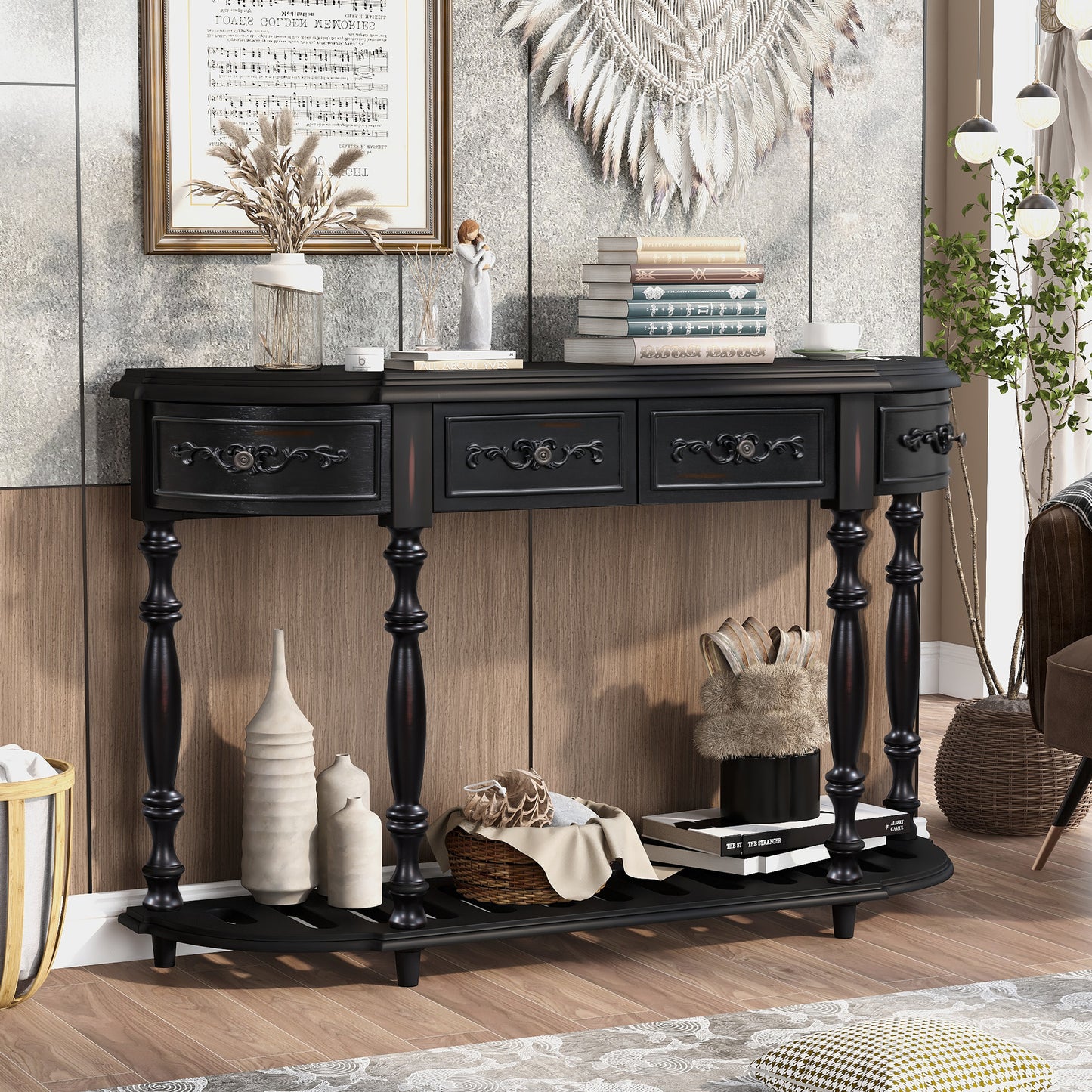 Black ornate console table with decorative drawer pulls and turned legs