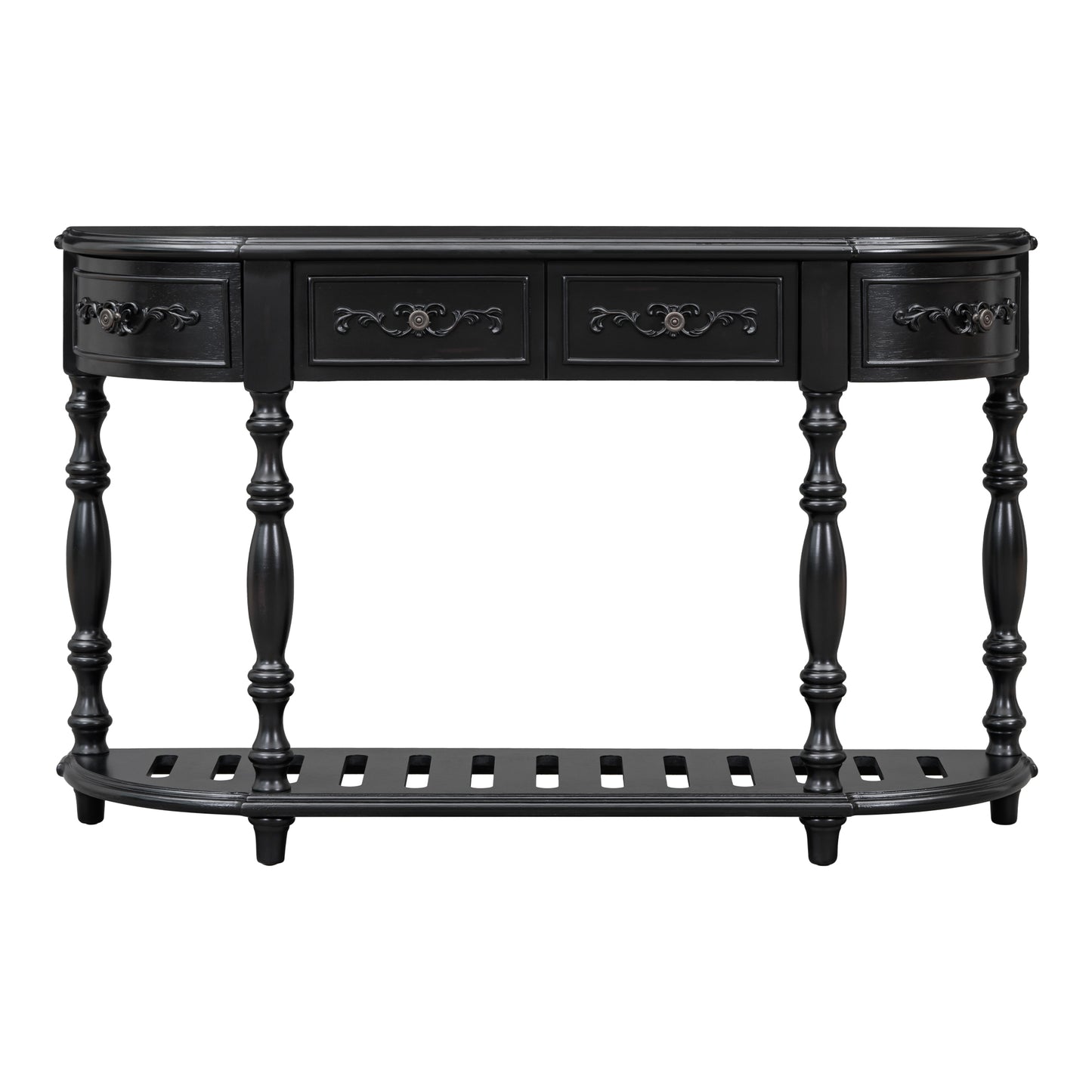 Elegant black console table with ornate carvings and a lower shelf for storage