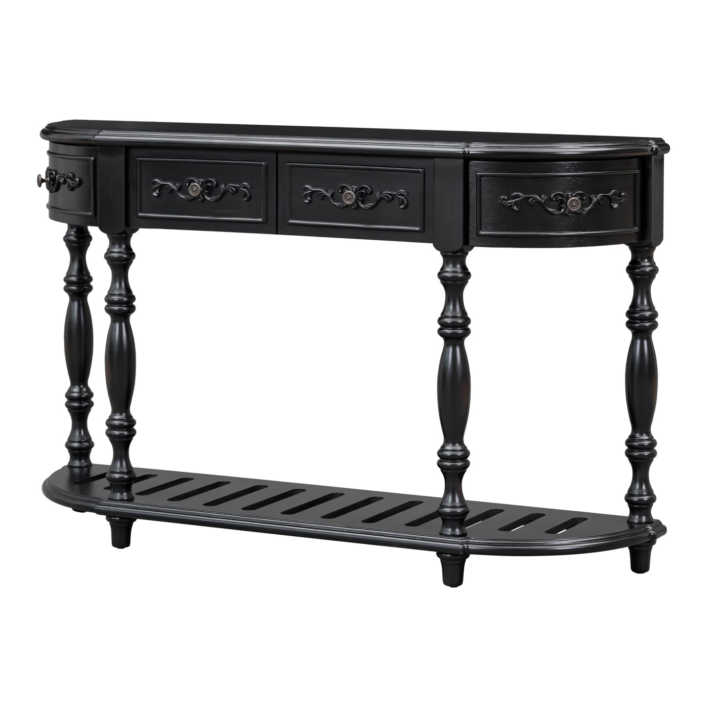 Black halfmoon console table with decorative drawers and turned legs