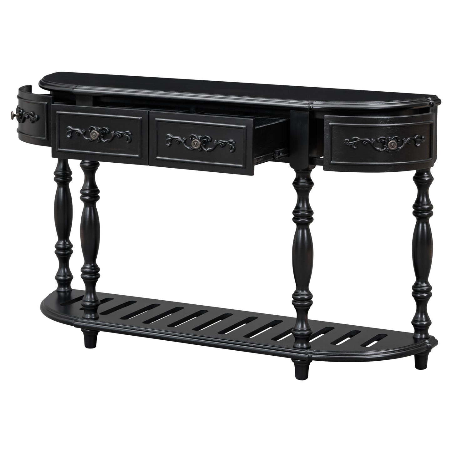 Elegant black console table with carved drawers and turned legs