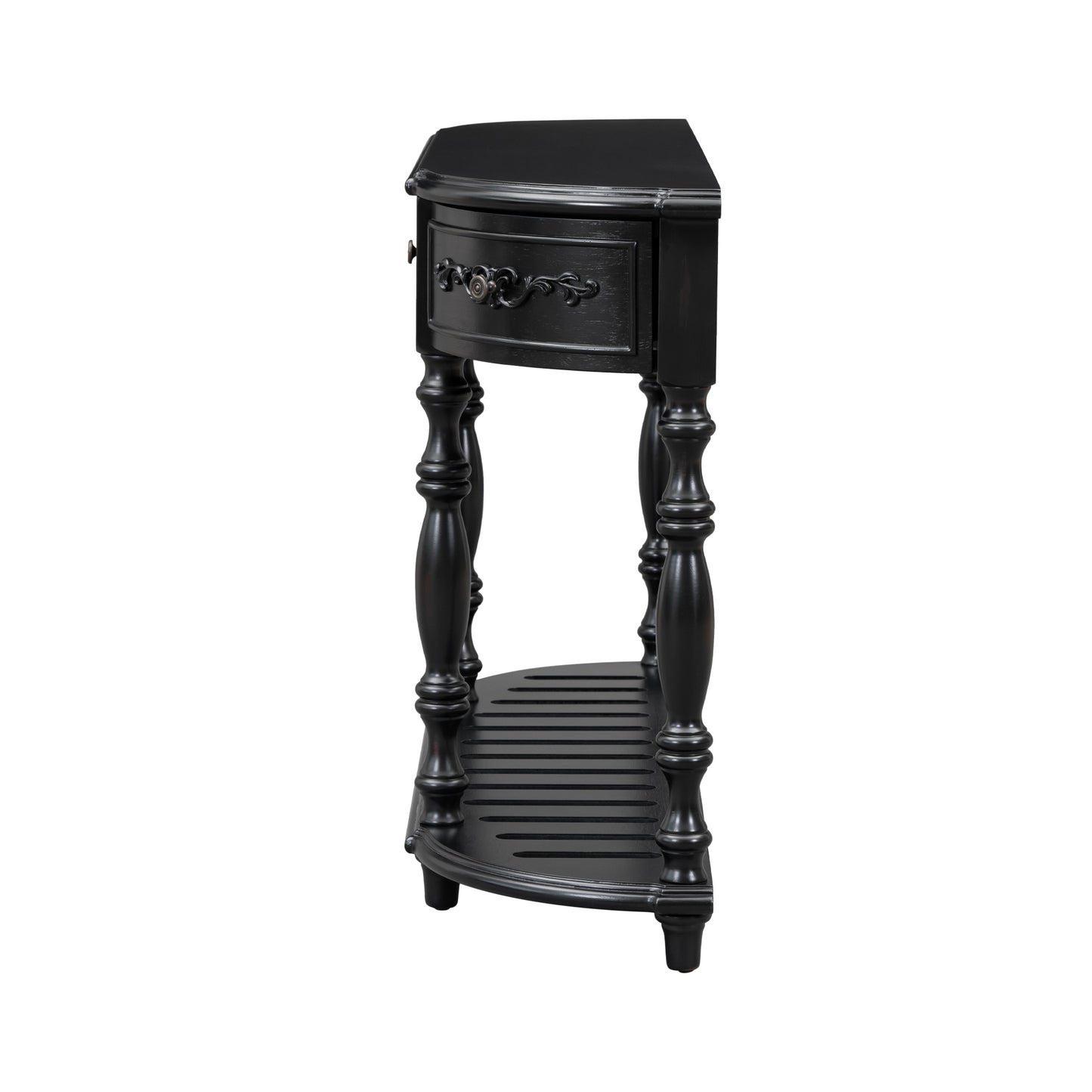 Elegant black antique corner accent table with a single drawer and carved detailing