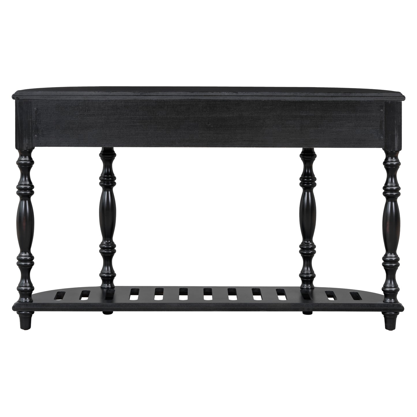 Black wood console table with turned legs and slatted shelf