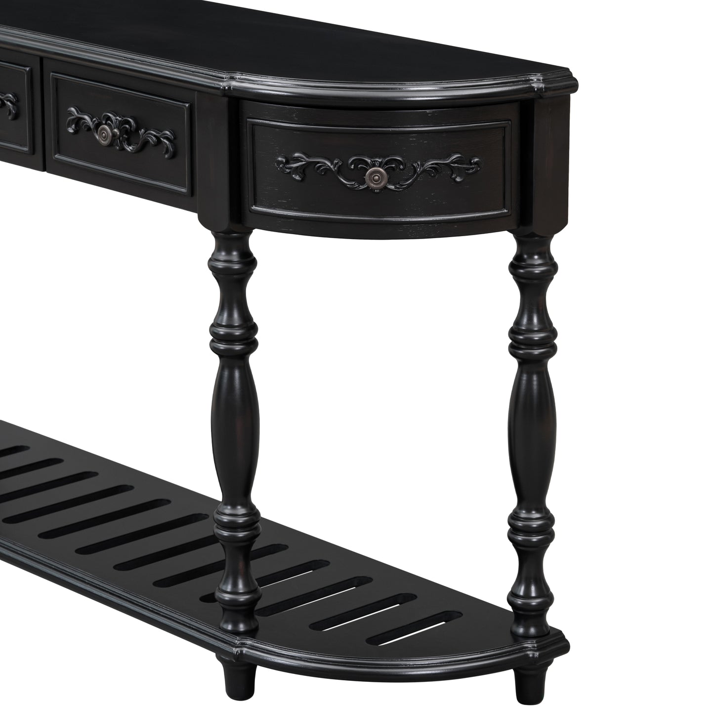 Black ornate drawer console table with carved details and spindle legs featuring a slatted lower shelf for display